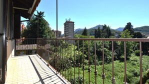 Un balcon doté d’une balustrade en métal, d’où l’on peut admirer un paysage verdoyant luxuriant, avec un bâtiment en arrière-plan et des montagnes à l’horizon.