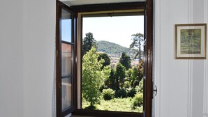Une fenêtre ouverte donnant sur un paysage verdoyant et une colline à l’horizon.