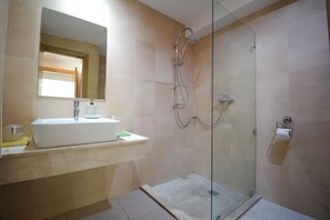 Shower, hair dryer, bidet, towels