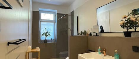 Shower, hair dryer, towels, soap