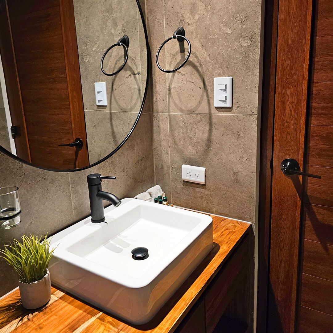 A bathroom with a white sink, a mirror, and a wooden vanity. There are two towel rings on the wall and a small potted plant on the vanity.