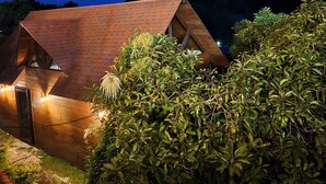 Een modern huis met een schuin dak, omringd door weelderige begroeiing.