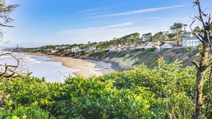 Uma área residencial costeira com casas numa encosta com vista para a praia.