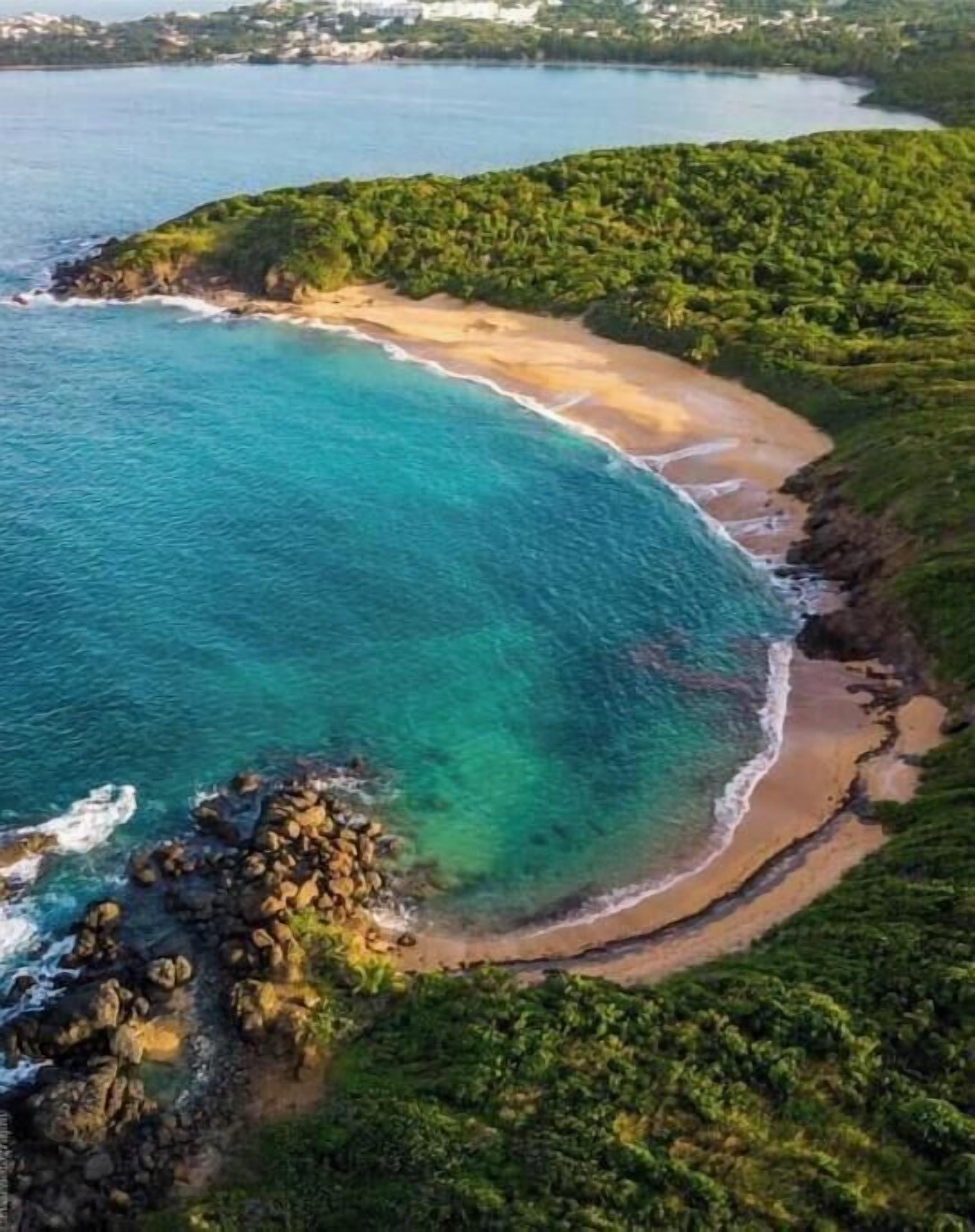 An aerial view of a coastal area with a curved sandy beach, dense green vegetation, and clear blue waters.