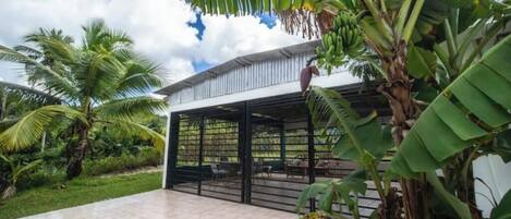 Een overdekt terras met buitenmeubilair, omgeven door weelderige begroeiing en bananenbomen.