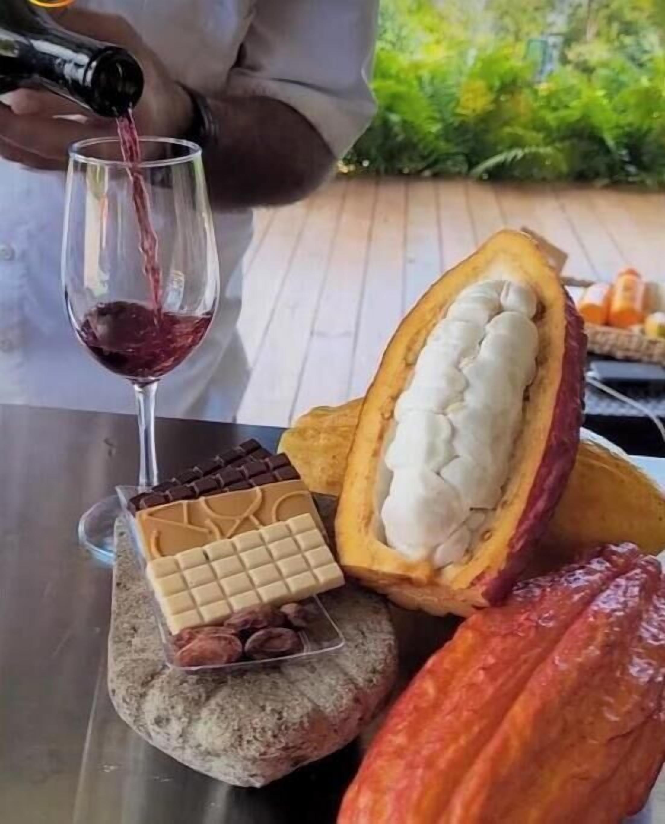 Un bicchiere di vino rosso che viene versato, una barretta di cioccolato socchiusa, una fetta di pane e un baccello di cacao aperto su un tavolo.