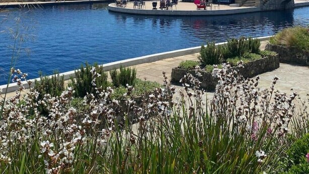 Un espace piscine avec un bâtiment, un pont et un ciel dégagé.