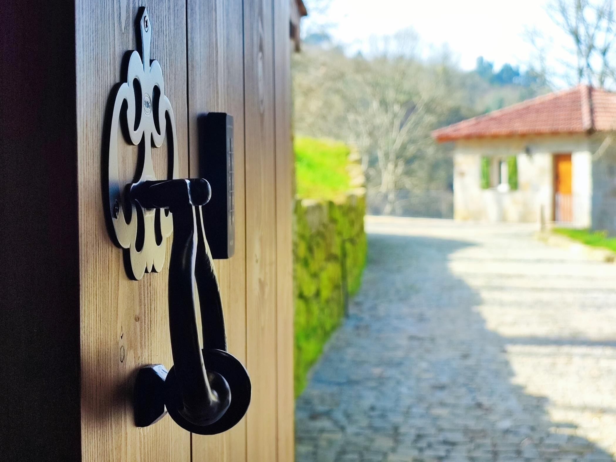 Una puerta con un picaporte moderno y una cerradura.
