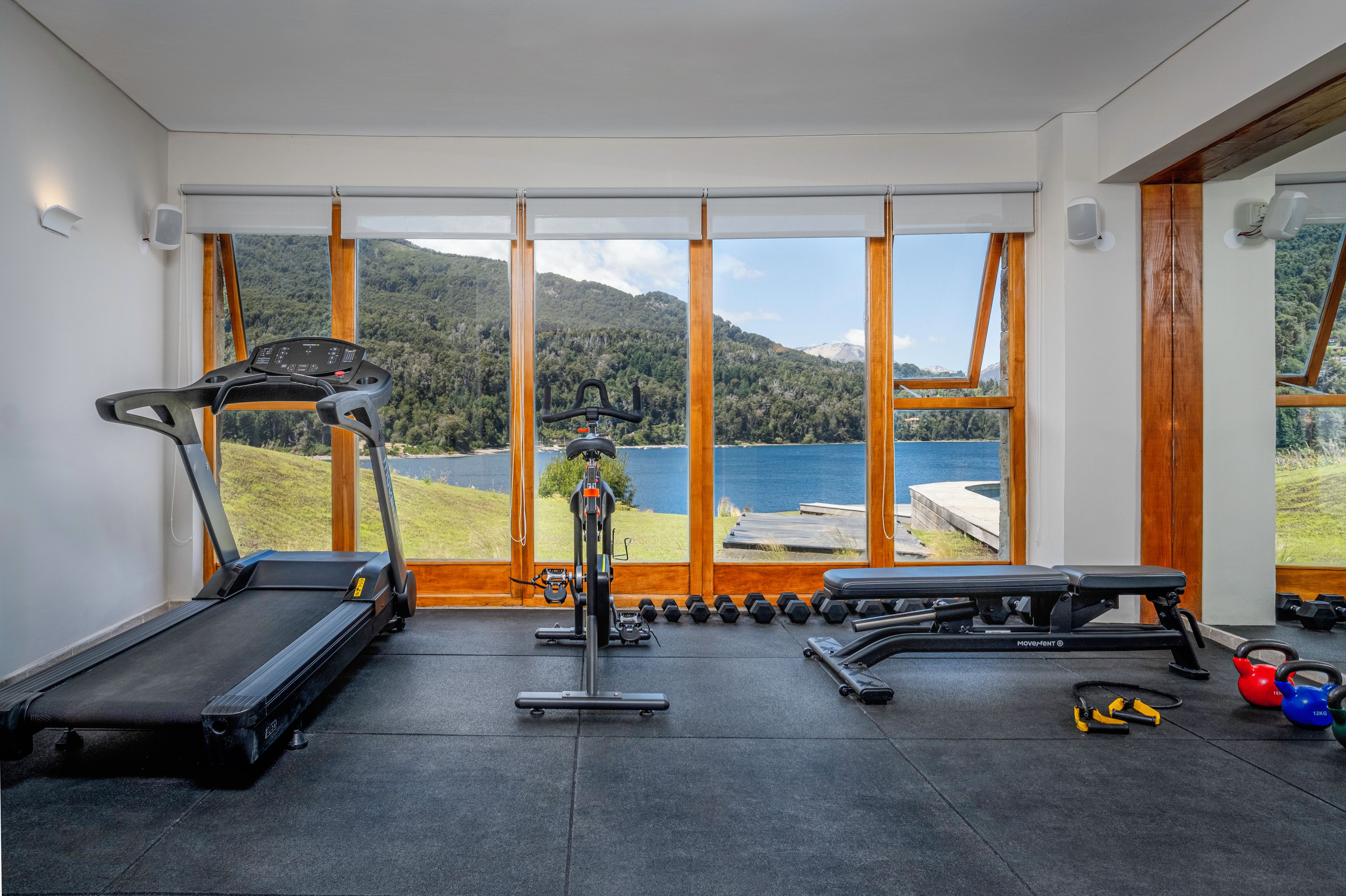 Une salle de sport équipée de tapis de course, de vélos elliptiques, de bancs et d’haltères, avec vue sur un lac et des montagnes.