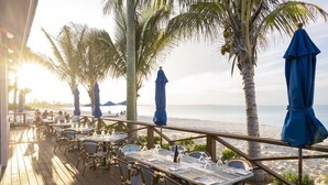 A beachside restaurant with outdoor seating, palm trees, and a view of the ocean.