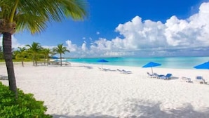A beach with white sand, palm trees, and blue umbrellas.
