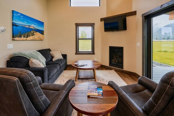 Smart TV, fireplace, books