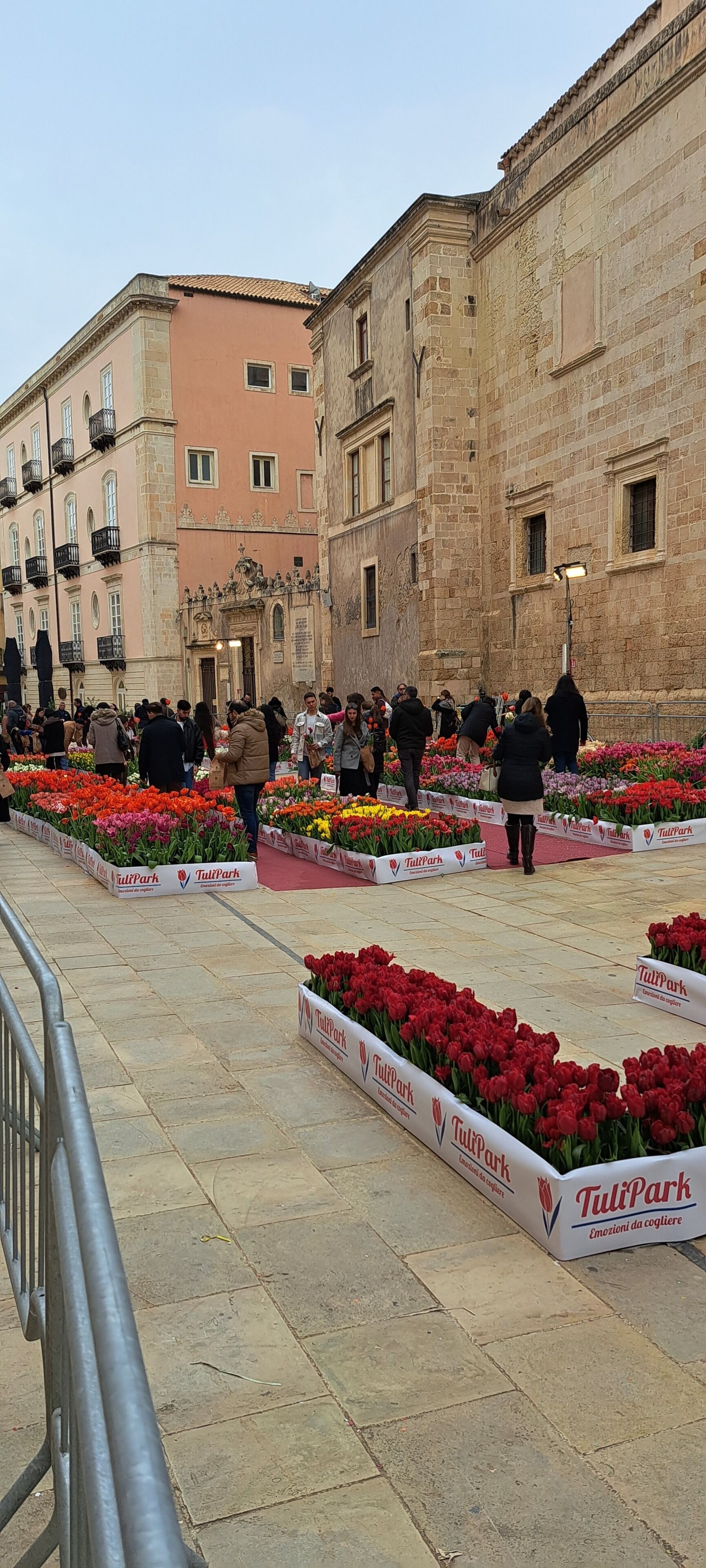 Una plaza pública con macizos de flores identificados como 'TulipPark' y una multitud de personas.