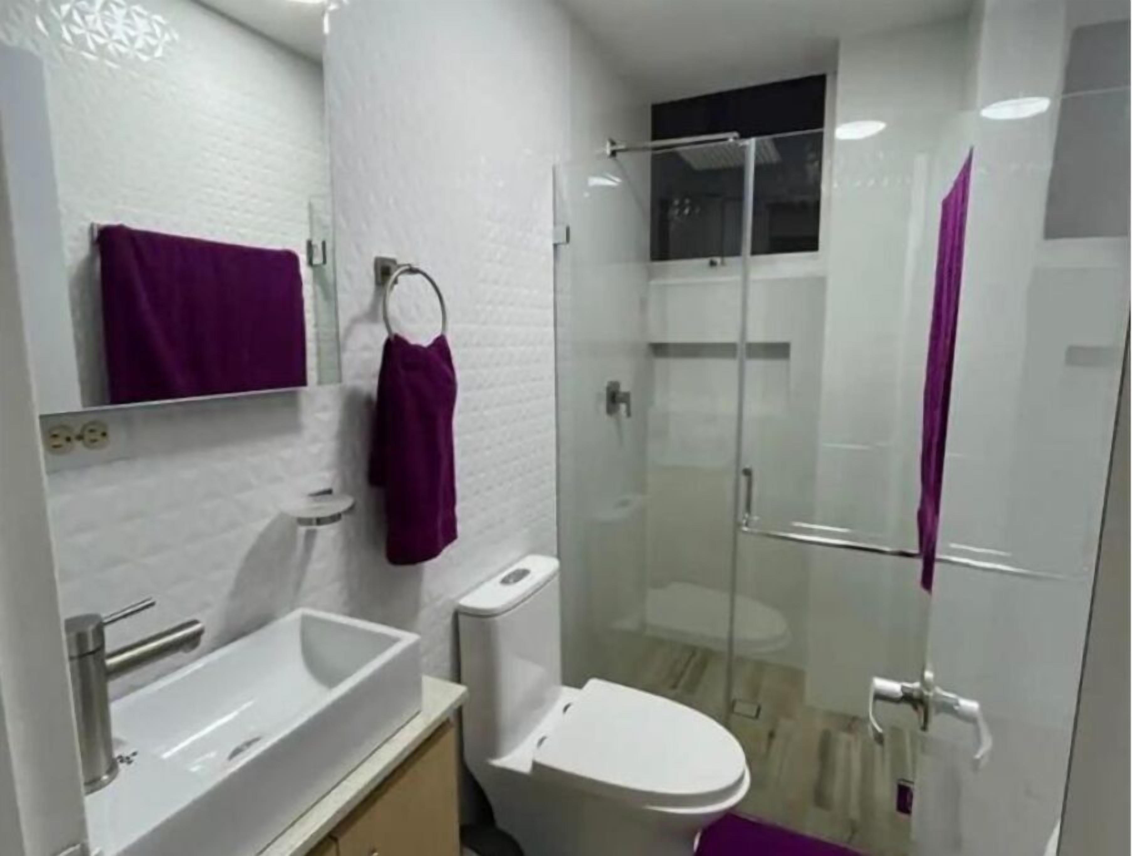 Shower, towels, toilet paper