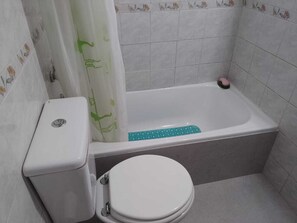 Hair dryer, bidet, towels, soap