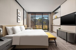 Habitación de hotel con cama, mesita de noche, lámpara, televisor y vistas al exterior.
