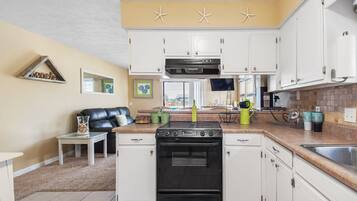 Een magnetron, een oven, een kookplaat, een vaatwasser