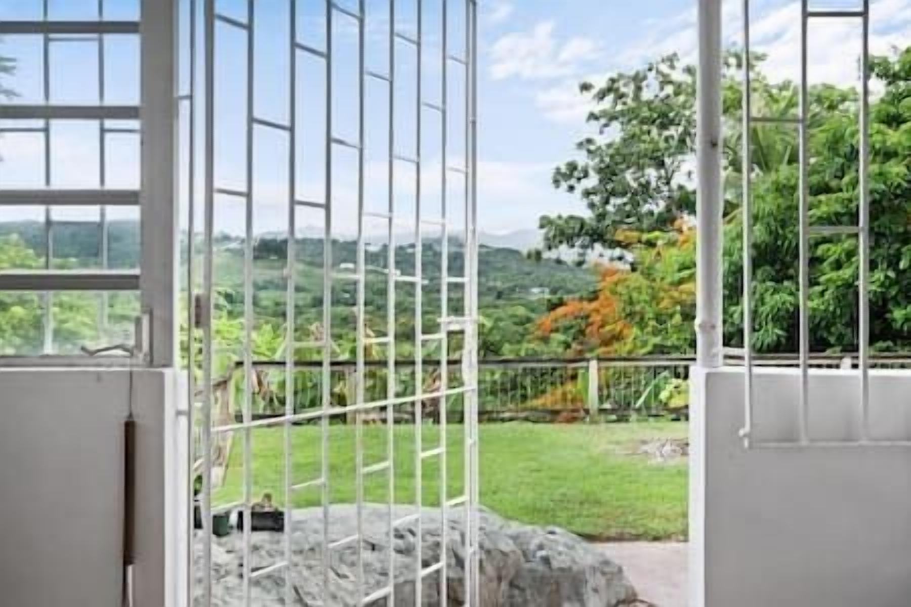 A room with a large window overlooking a lush landscape.