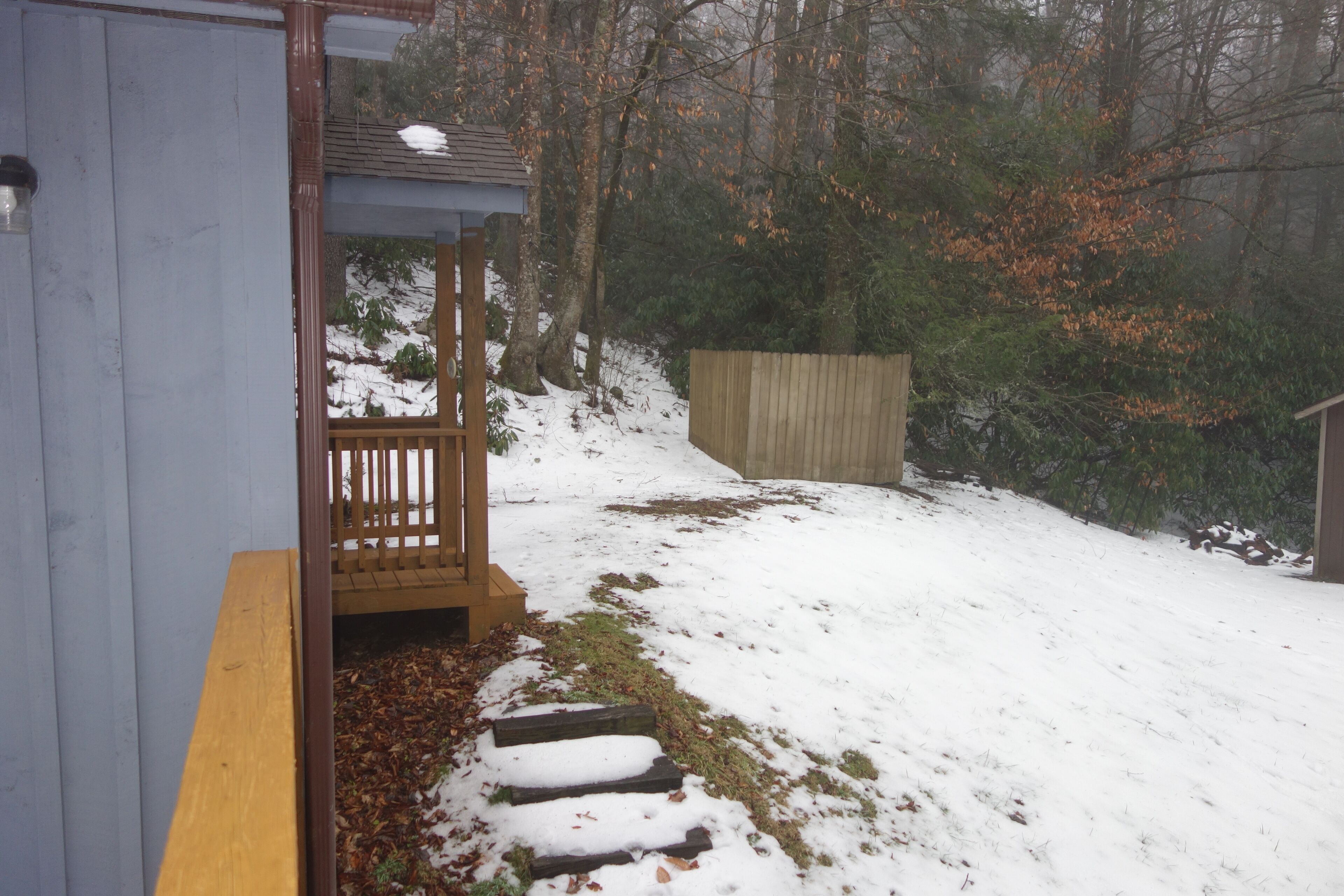 Een houten terras leidt naar een overdekt gebied met uitzicht op een besneeuwd landschap en bomen.
