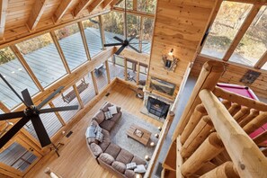 Smart TV, caminetto, libri, monitor per computer