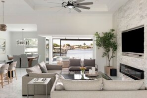 Smart TV, fireplace, stereo, printers