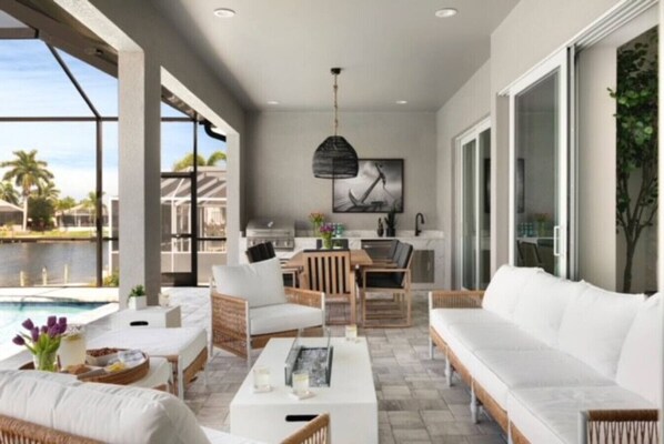 Smart TV, fireplace, stereo, printers