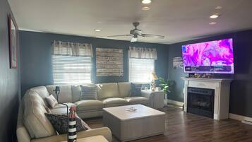 Smart TV, fireplace, DVD player, music library