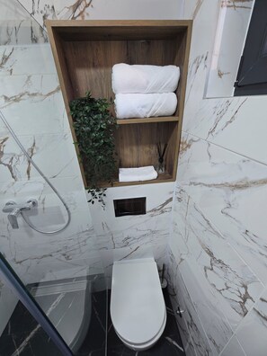 Shower, hair dryer, towels, soap