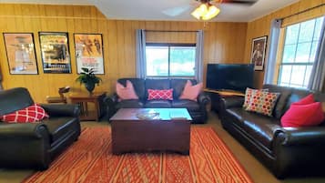 Smart TV, fireplace, books