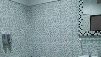 Shower, towels, soap, toilet paper