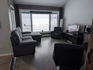 Moderni olohuone, jossa on kulmasohva, musta nojatuoli, televisio ja suuri ikkuna, josta avautuu näkymä lumiseen maisemaan.
