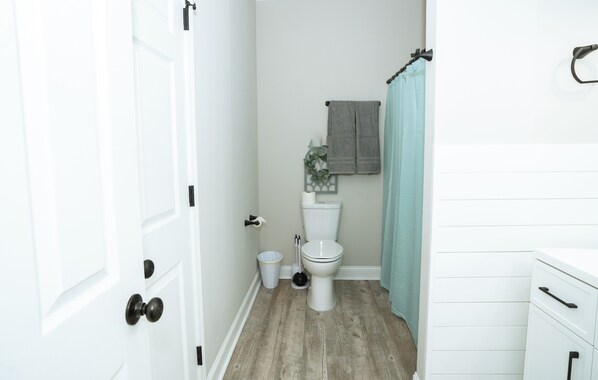 A bathroom with a toilet, a sink, and a shower curtain.