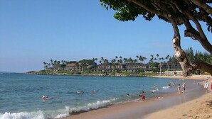 Une plage où l’on voit des gens se baigner et se promener le long du rivage, des palmiers et, au loin, un ensemble de bâtiments.