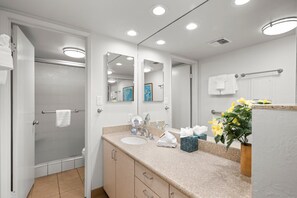 Douche, séchoir à cheveux, serviettes fournies