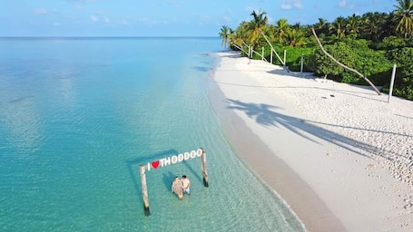 Private beach nearby, white sand, beach shuttle, beach towels. SORENZO Maldives