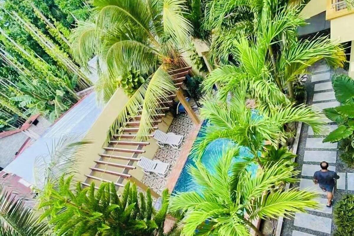 An aerial view of a resort with a pool, palm trees, and lounge chairs.