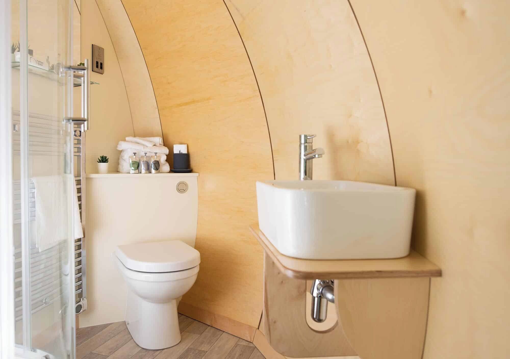 A compact bathroom with a white toilet, a sink, and a shower area.