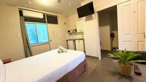 A hotel room with a bed, a small kitchenette, a TV mounted on the wall, and a plant on the table. - Tropical River Hotel (Katherine)