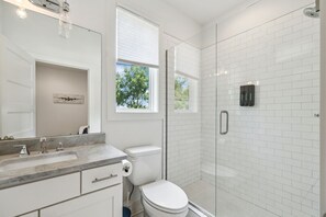 Hair dryer, towels, soap, toilet paper