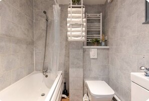 Hair dryer, towels, toilet paper