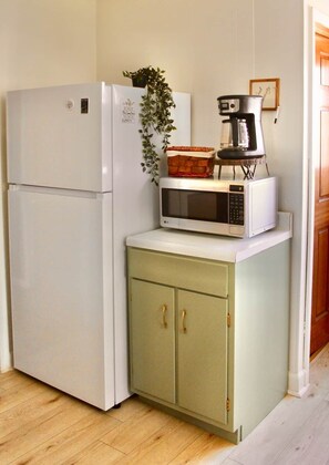 Una cocina compacta con un refrigerador blanco, un microondas y un armario verde.