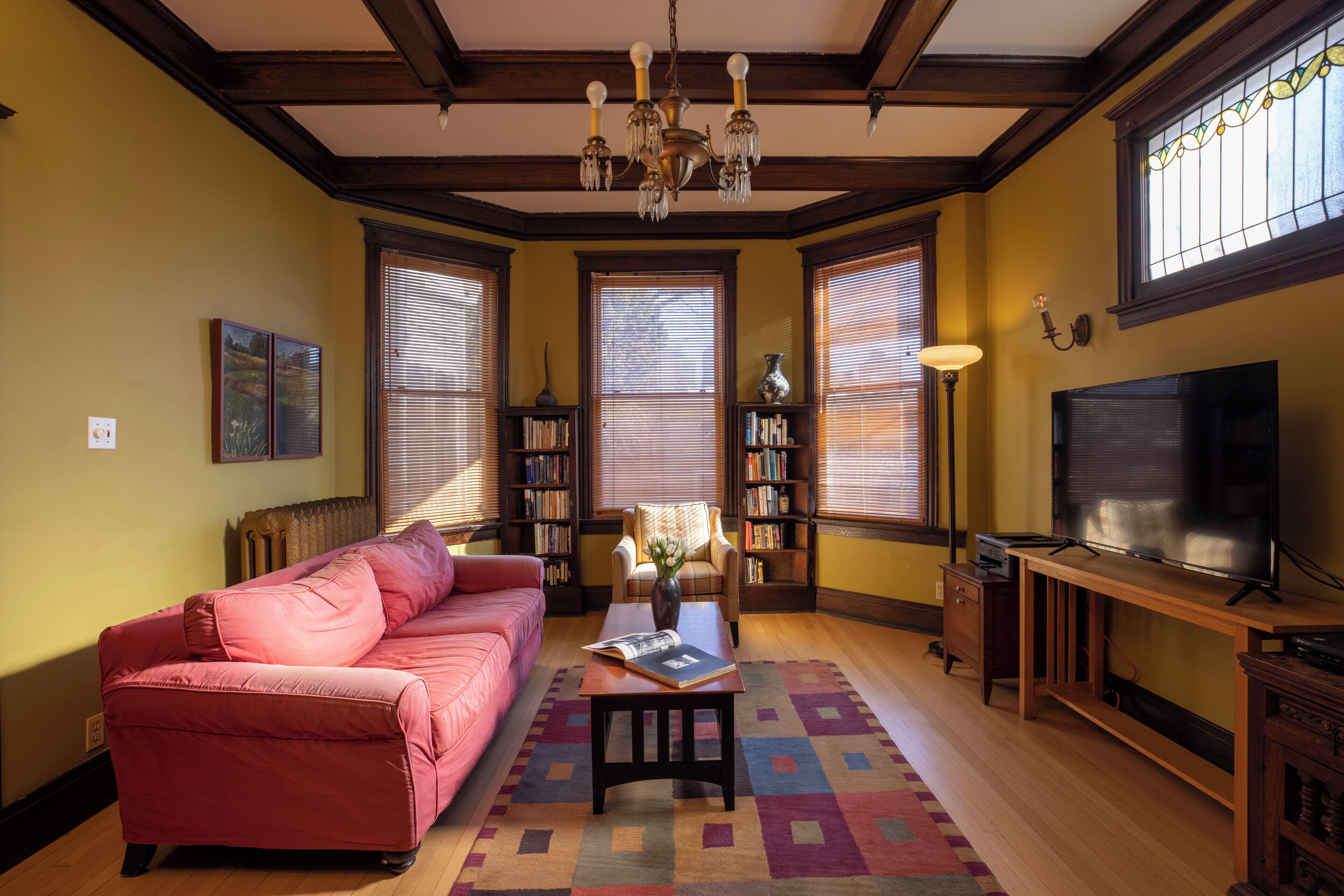 Smart TV, fireplace, DVD player, books