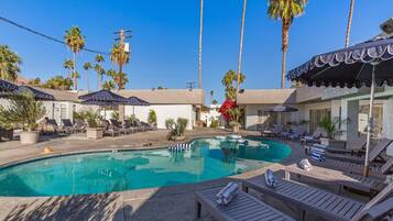 Outdoor pool, pool umbrellas, pool loungers