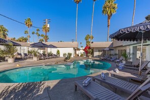 Outdoor pool, pool umbrellas, pool loungers