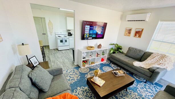Sala de estar con sofá gris, una mesita de centro y alfombra estampada. Hay un televisor montado en la pared, un mueble blanco y una zona de cocina al fondo.