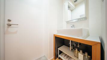 Shower, hair dryer, bidet, towels