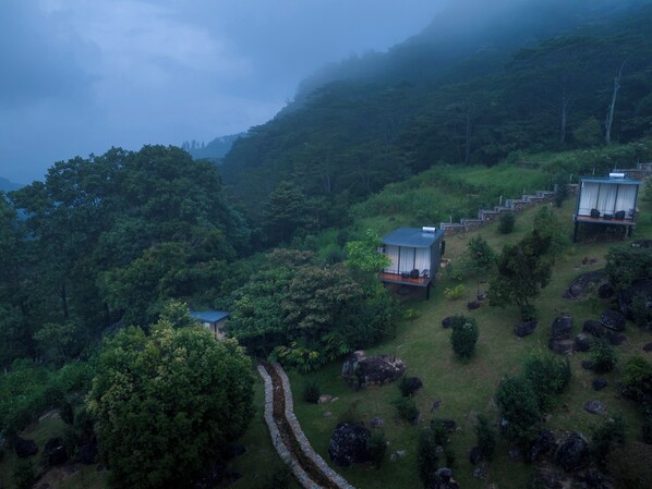 A hillside with several small, modern cabins, each with a balcony and surrounded by lush greenery. - Ferndale Retreat (Rangala)