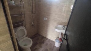 A small bathroom with a toilet, a sink, and a shower.