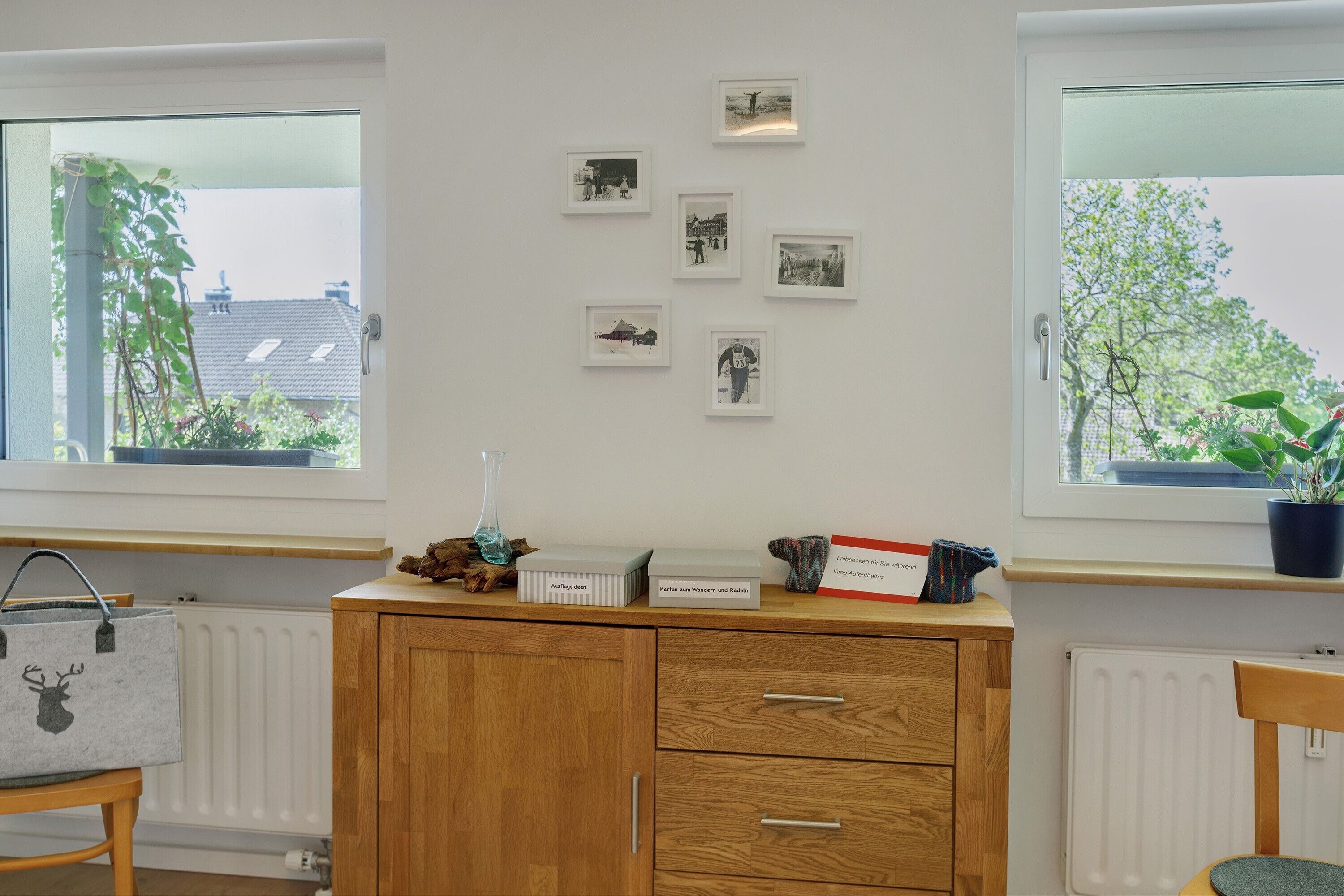 A room with a wooden cabinet, a radiator, and a window with a view of trees.