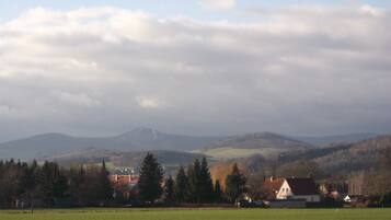 Un paysage rural avec une montagne à l’horizon, des maisons et un champ verdoyant.